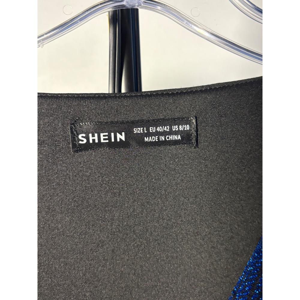 SHEIN Blue Black Metallic Glitter Striped Long Sleeve V-Neck Maxi Dress Large - Picture 2 of 4